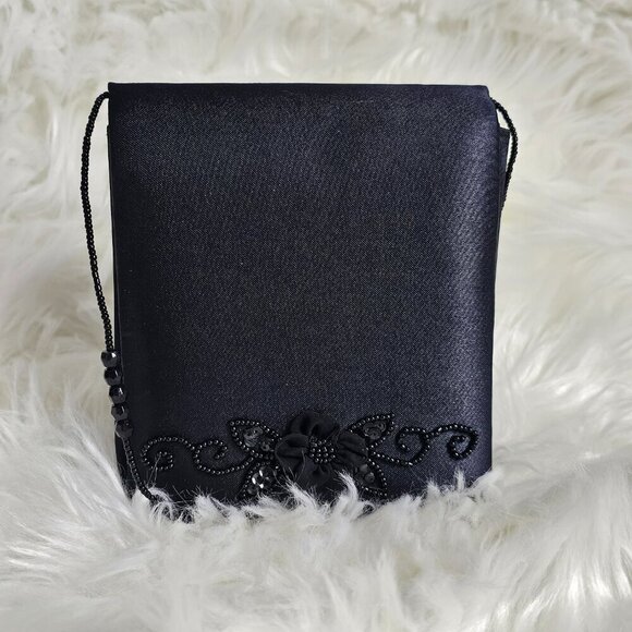 Jessica Mcclintock Black Satin Beaded Vintage Cocktail Shoulder Bag - Picture 1 of 13